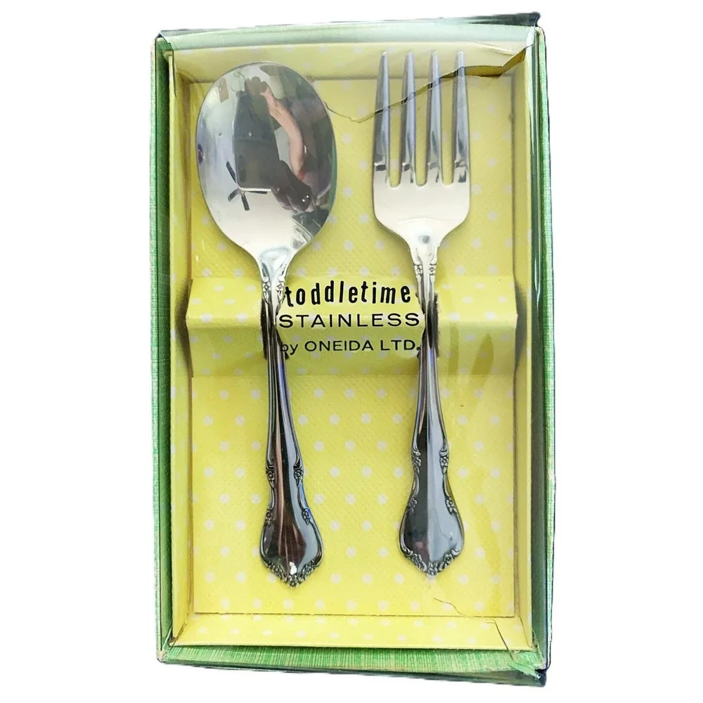 ONEIDA Chateau Child, Toddler Quality Stainless Steel Spoon Fork Set NOS MCM Vtg